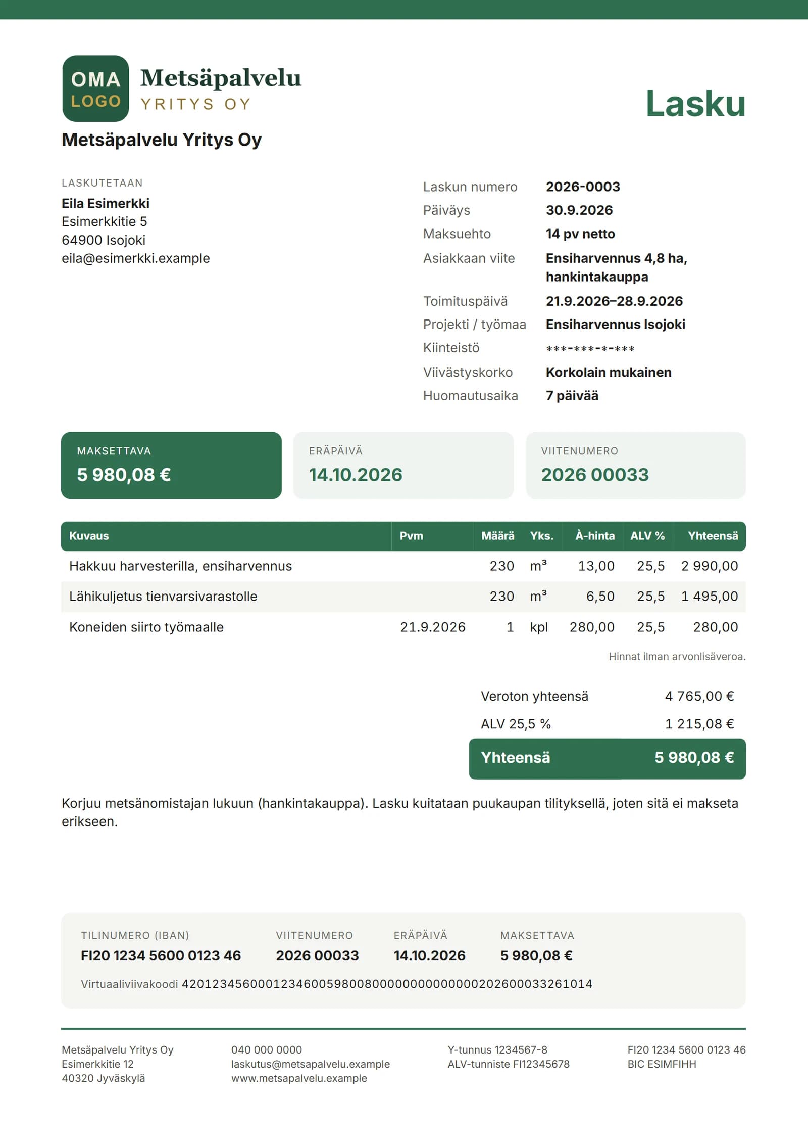 Lasku 2026-0003 Eila Esimerkille, ylänurkassa OMA LOGO -paikka yrityksen omalle logolle: hakkuu 230 m³ × 13 €, lähikuljetus 230 m³ × 6,50 € ja koneiden siirto 280 €, veroton 4 765,00 €, ALV 25,5 % 1 215,08 €, yhteensä 5 980,08 €.
