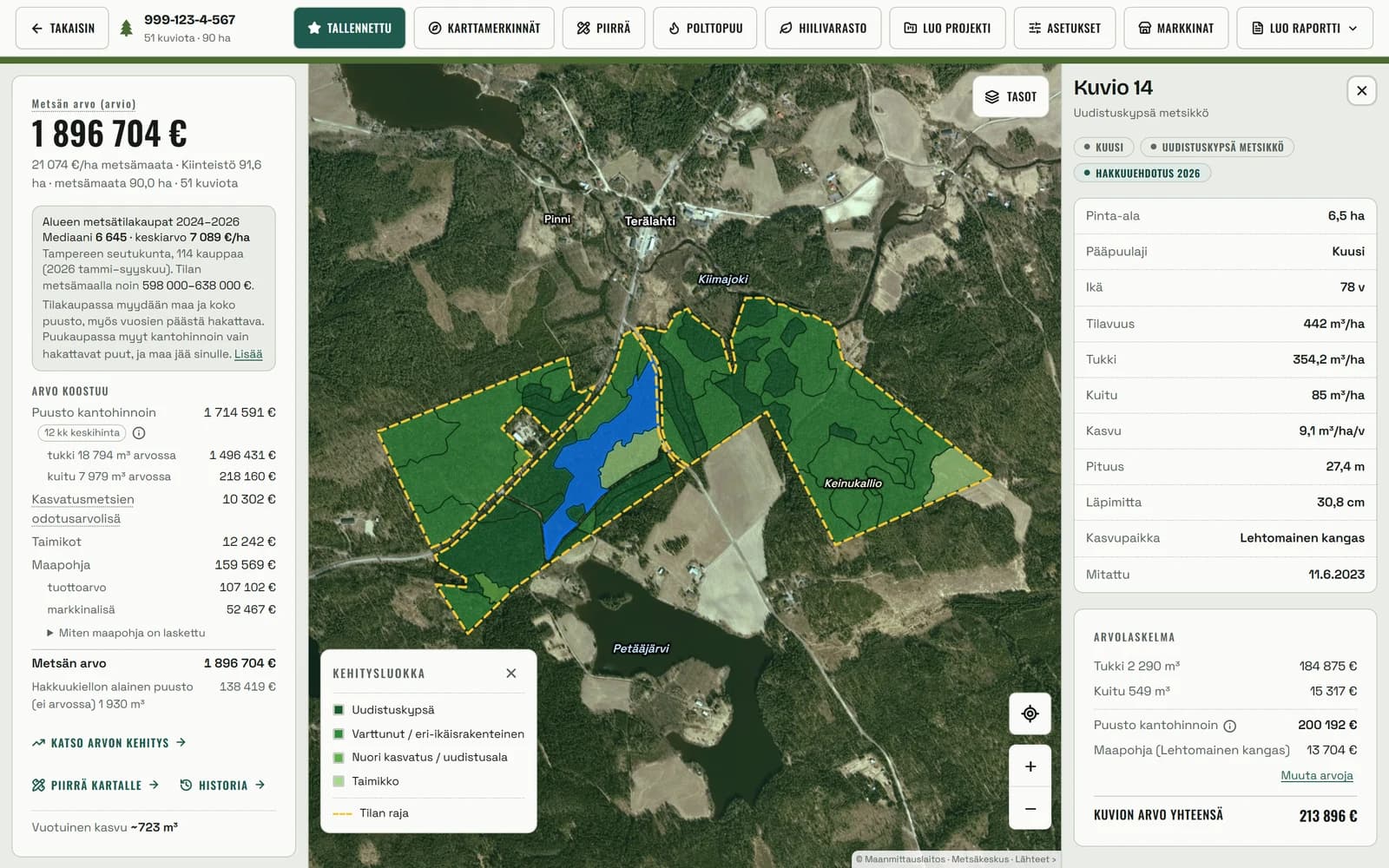 Tilasivu, jossa kuvio 14 on korostettu sinisellä ja oikeassa paneelissa puustotiedot (6,5 ha, kuusi, 78 v, 442 m³/ha, mitattu 11.6.2023) ja arvolaskelma, kuvion arvo yhteensä 213 896 euroa; vasemmalla tilan arvo 1 896 704 euroa.